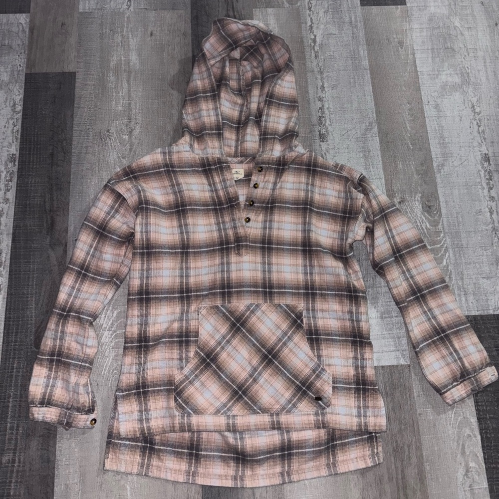 🌷O'Neill Pink and Brown Plaid 3/4 Button Hooded Top